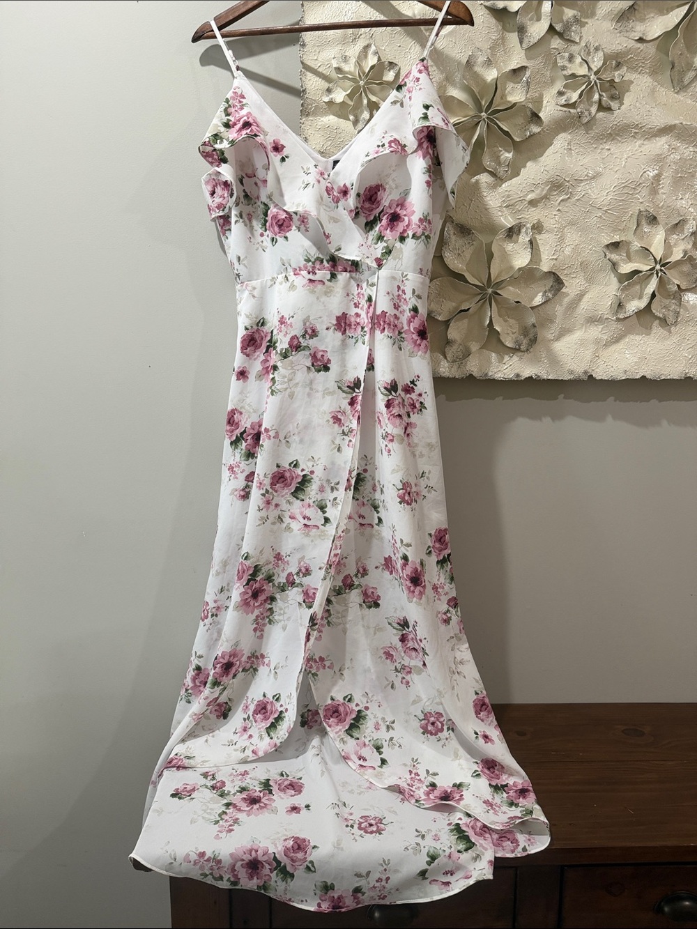 Lord Taylor Design Lab White Pink Floral Ruffle High Low Maxi Dress Size M - Picture 3 of 11